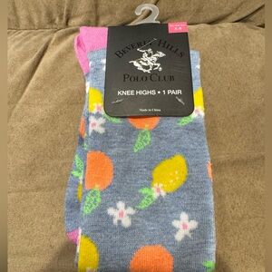 Beverly Hills Polo Club Gray and Pink Knee High Socks with Fruit Design